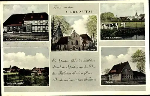 Ak Gerdau Lüneburger Heide Niedersachsen, Kaufhaus Woltmann, Kirche, Schule, Kuhherde