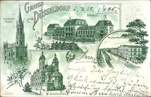 Litho Düsseldorf, Bahnhof, Hauptpostamt, Jesuitenkirche