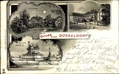 Mondschein Litho Düsseldorf am Rhein, Kunsthalle, Jägerhof, Kriegerdenkmal