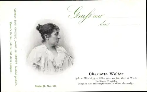 Ak Schauspielerin Charlotte Wolter, Portrait, Reklame, Esser's Seifenpulver