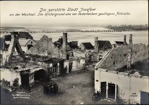 Ak Jozefow Josefow an der Weichsel Polen, Kriegszerstörungen, Notbrücke, I WK