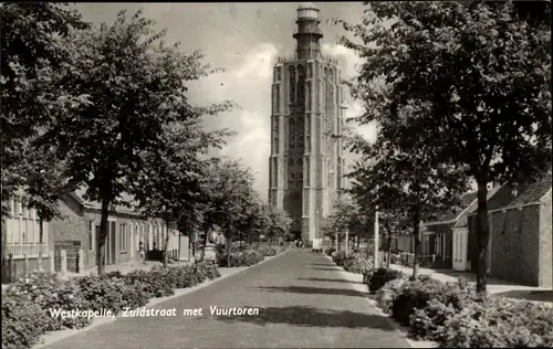 Ak Westkapelle Walcheren Zeeland, Zuidstraat, Vuurtoren