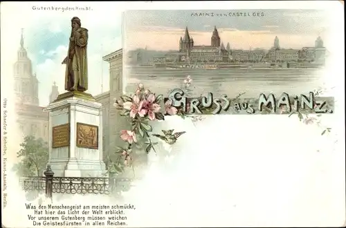 Litho Mainz am Rhein, Gutenbergdenkmal, Stadt v. Castel aus gesehen