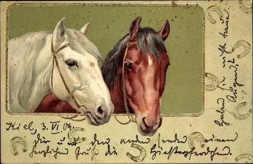 Präge Litho Braunes und weißes Pferd mit Zaumzeug, Hufeisen