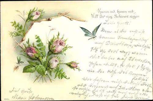 Litho Komm mit, will Dir was Schönes sagen, Schmetterling, Rosen