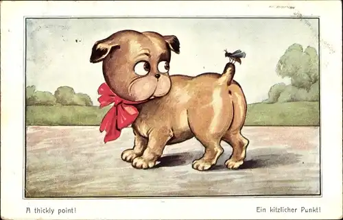 Ak Ein kitzlicher Punkt, Fliege sitzt auf Schwanz von einem Hund