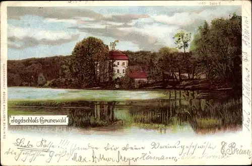 Litho Berlin Wilmersdorf Grunewald, Blick auf das Jagdschloss, See