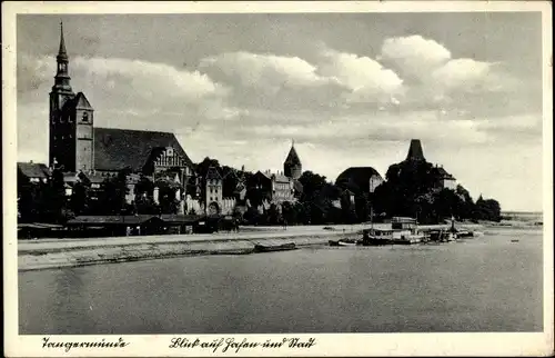 Ak Tangermünde an der Elbe, Blick auf Hafen, Kirche, Boot