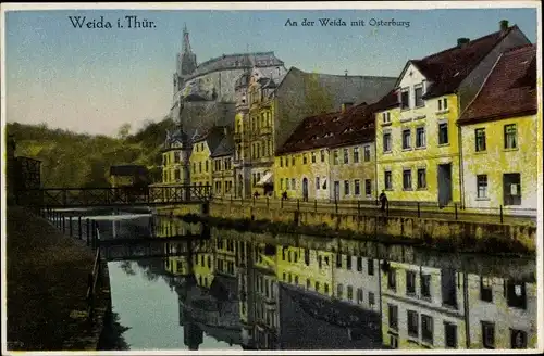Ak Weida in Thüringen, An der Weida mit Osterburg, Wohnhäuser