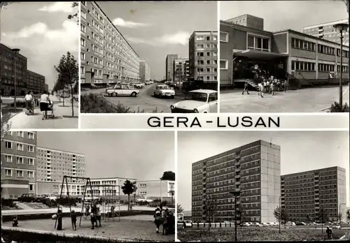 Ak Lusan Gera, Hochhäusersiedlung, Spielplatz, Straßenpartie