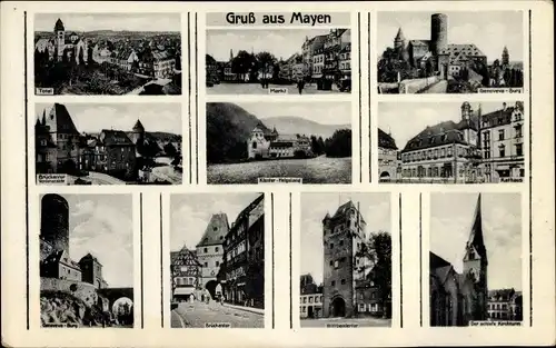 Ak Mayen in der Eifel, Markt, Brückentor, Rathaus, Genoveva Burg, Kloster Helgoland