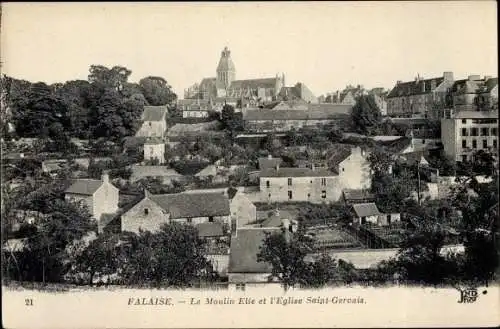 Ak Falaise Calvados, Panorama, Le Moulin Elie, Eglise Saint Gervais