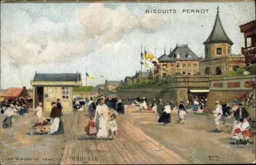 Ak Trouville Calvados, Biscuits Pernod, Strandpromenade