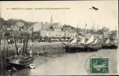 Ak Trouville Calvados, aviation, première Sortie au dessus de la ville, Hafen, Ortsansicht