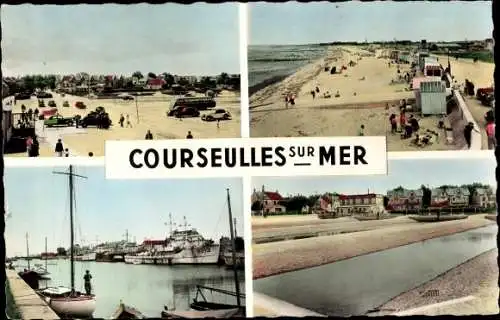 Ak Courseulles sur Mer Calvados, Le Port, La Plage, Esplanade, Les parcs a huitres