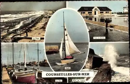 Ak Courseulles sur Mer Calvados, La Plage, Parc a Huitres, Yacht, Le Port