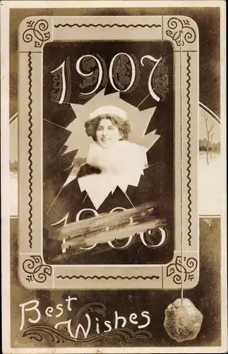 Ak Glückwunsch Neujahr, Jahreszahl 1907, Frauenportraits auf einer Tafel