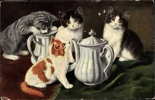 Ak Katzen, Vier Katzen spielen mit zwei Kaffeekannen