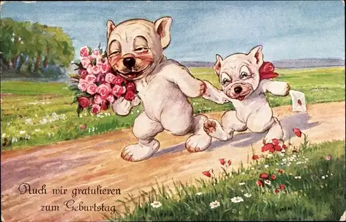 Ak Glückwunsch Geburtstag, Bonzo the dog, zwei Hunde mit Rosen