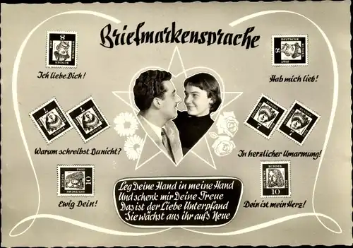 Ak Briefmarkensprache, Liebespaar, Ewig Dein, Ich liebe Dich, Hab mich lieb, Dein ist mein Herz