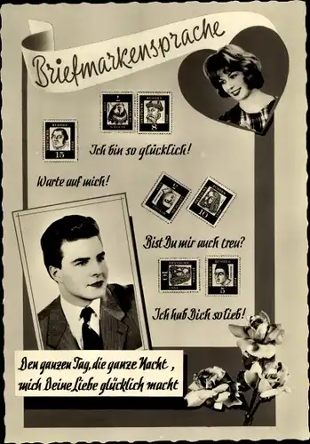 Ak Briefmarkensprache, Liebespaar, Ich bin so glücklich, Warte auf mich, Bist Du mir auch treu?