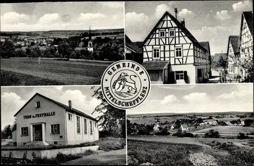 Ak Mittelschefflenz Schefflenz in Baden, Gesamtansicht, Turn- und Festhalle, Wappen