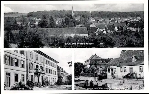 Ak Messelhausen Lauda Königshofen, Gesamtansicht, Schloss, Geschäft