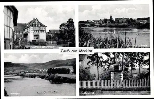 Ak Mecklar Ludwigsau in Hessen, Kaufhaus Schuhmann, Ehrenmal, Neustadt, Partie an der Fulda