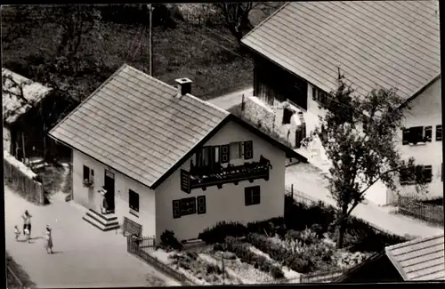 Ak Morgenbach Wildsteig in Oberbayern, Lebensmittel Schmid, Luftbild