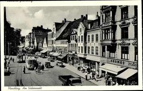 Ak Flensburg in Schleswig Holstein, Südermarkt, Hermes Zigarrengeschäft, Straßenbahnen