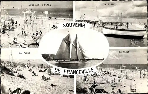 Ak Franceville Calvados, Segelschiff, La Plage, Strandleben