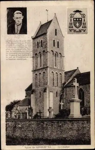 Ak Longeuville Calvados, L'Eglise, Le Clocher, Monseigneur Picaud, eveque de Bayeux, Wappen