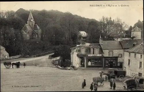 Ak Balleroy Calvados, l' Église et le Château, Marché A. Laurent