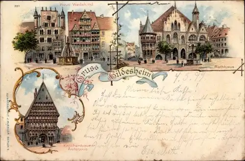 Litho Hildesheim in Niedersachsen, Haus Wedekind, Rathaus, Knochenhauer Amtshaus