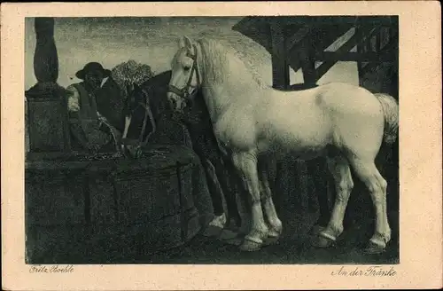 Künstler Ak Boehle, Fritz, An der Tränke, Mann mit Pferden