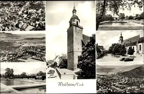 Ak Weilheim an der Teck Schwäbische Alb, Panorama, Schwimmbad, Kirche