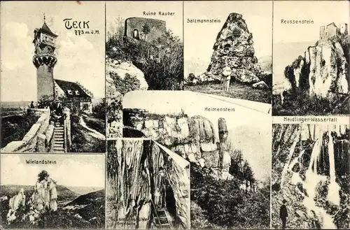 Ak Owen in Baden Württemberg, Teck, Aussichtsturm, Ruine Rauber, Salzmannstein, Gussmannshöhle