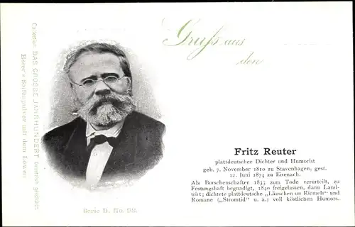 Ak Plattdeutscher Dichter und Humorist Fritz Reuter, Portrait, Reklame, Esser's Seifenpulver