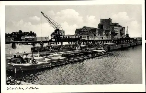 Ak Gelsenkirchen im Ruhrgebiet, Stadthafen, Lastkahn, Hafenkran