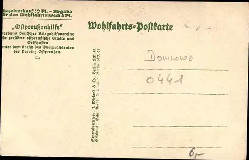 Ak Domnowo Domnau Ostpreußen, Das niedergebrannte Viertel am Marktplatz, Ostpreußenhilfe, I WK