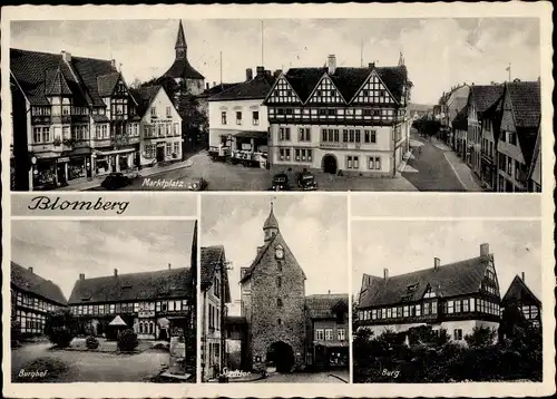 Ak Blomberg in Lippe, Marktplatz, Stadtsparkasse, Meyers Gasthaus, Burg, Stadttor