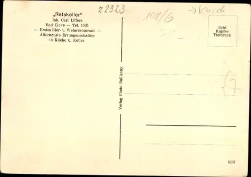 Ak Kleve am Niederrhein, Ratskeller, Innenansicht