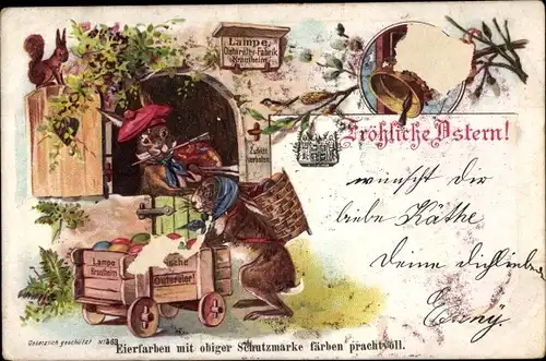 Litho Glückwunsch Ostern, Osterhasen mit Ostereiern, Lampe Ostereierfabrik Krautheim, Reklame