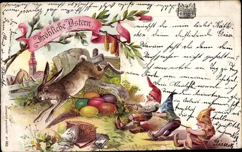 Litho Glückwunsch Ostern, Zwerge haben einen Hasen gefangen, Ostereier