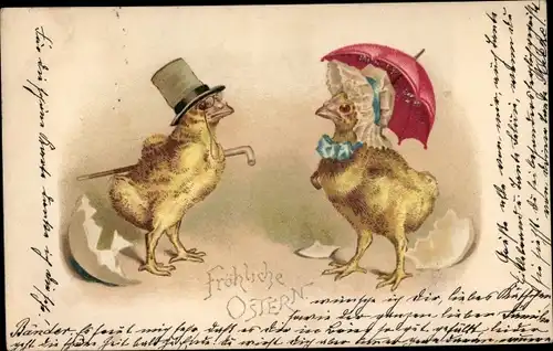 Litho Glückwunsch Ostern, Zwei vermenschlichte Küken