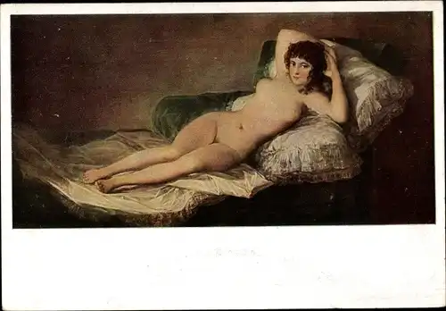 Künstler Ak de Goya, F., Die unbekleidete Maja, Nackte Frau, Frauenakt, Bett, Kissen