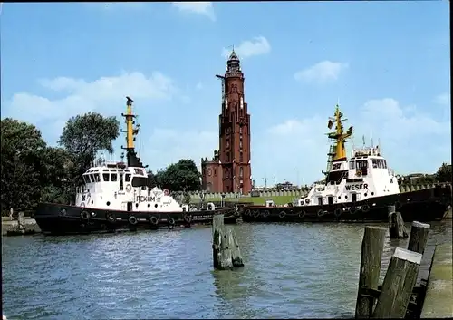 Ak Bremerhaven, alter Leuchtturm, Schlepper
