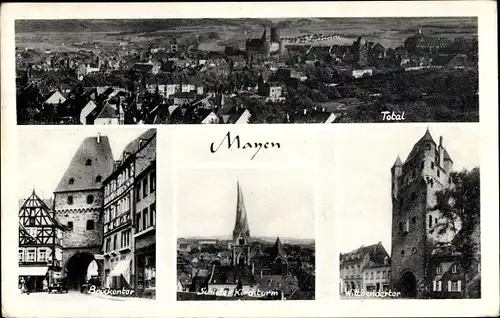Ak Mayen in der Eifel, Totale, Brückentor, schiefer Kirchturm, Wittbendertor