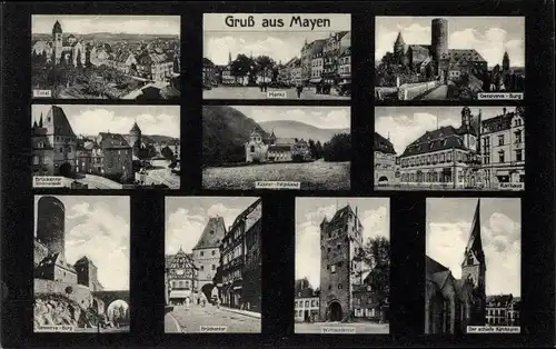 Ak Mayen in der Eifel, Markt mit Genovevaburg, Rathaus, Brückentor, schiefer Kirchturm