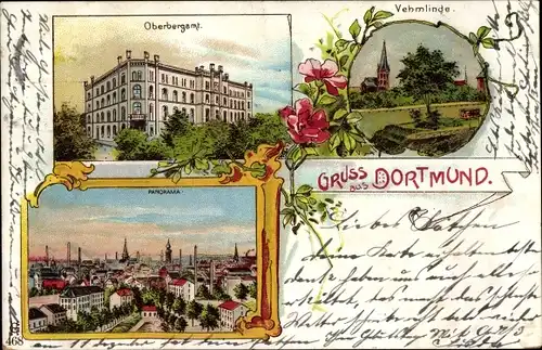 Litho Dortmund im Ruhrgebiet, Oberbergamt, Panorama, Vehmlinde